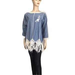 J.M. PINK 3/4 sleeve embroidery cream, blue camisole